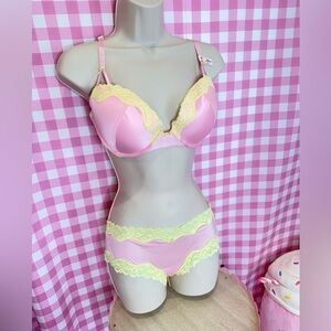 Satin Pink & Yellow Lace Victorias Secret Tease Bra & Panty Set 🎀🪽✨